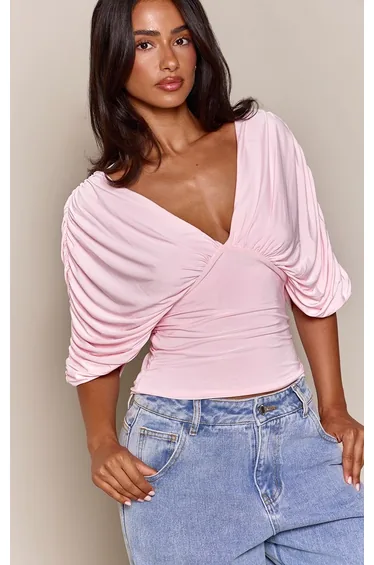 Petite Baby Pink V-neck Extreme Ruched Sleeve Top
