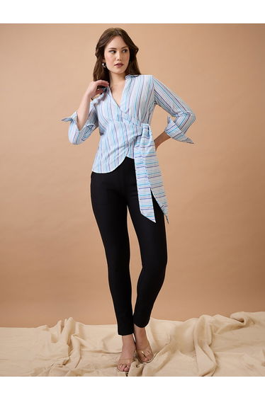 Women Blue Stripes Waist Tie-Up Wrap Shirt
