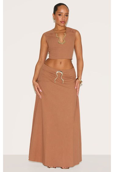 Shape Mocha Linen Gold Wave Trim Crop Top