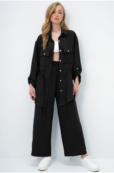 Women's Black Safari Jacket with Two Pockets and Elastic Waist Wide Leg Aerobin Pants Suit