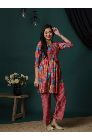 Floral Printed Peplum Tunic and Chevron Print Trousers Co-Ords