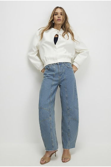 Blue Seamed Raw Hem Barrel Leg Jeans