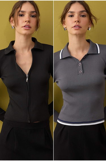 Gray-Black Basic Short/Crop Double Pack Knitwear Cardigan-Sweater