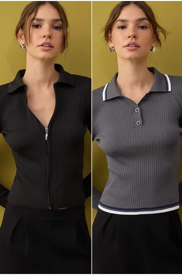 Gray-Black Basic Short/Crop Double Pack Knitwear Cardigan-Sweater