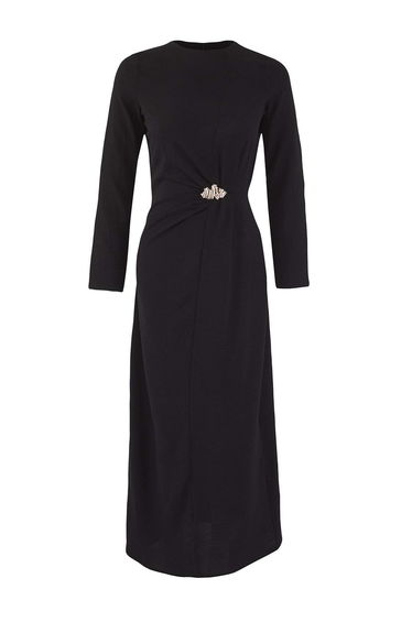Black Gold Brooch Detailed Aerobin Woven Dress
