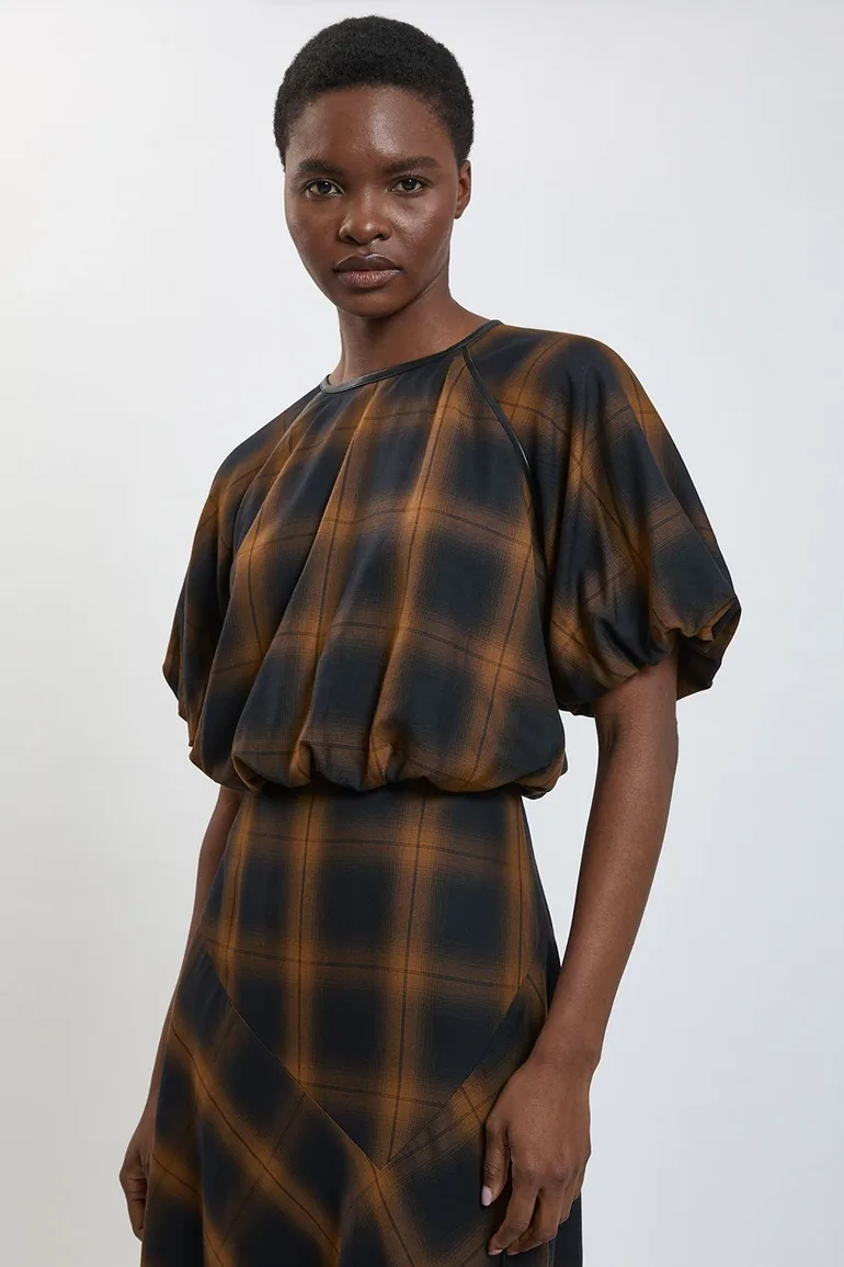 Petite Check PU Trim Asymmetric Hem Midi Dress - 1