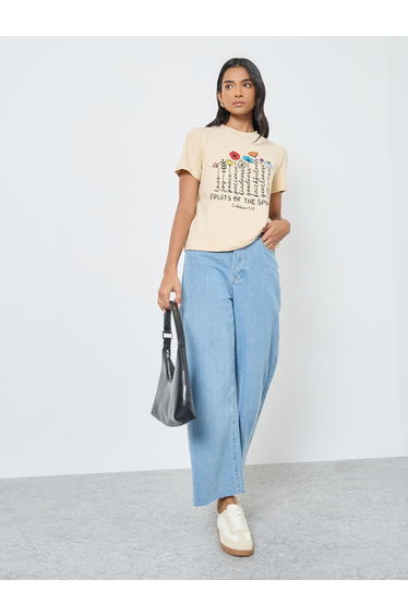 Women Beige Flower Graphic Print T-Shirt