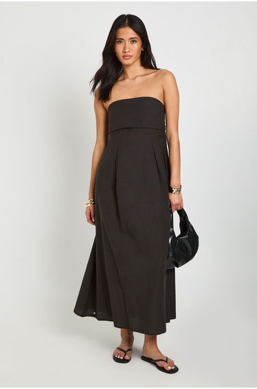 Linen Bandeau Shirred Back Midaxi Dress - black