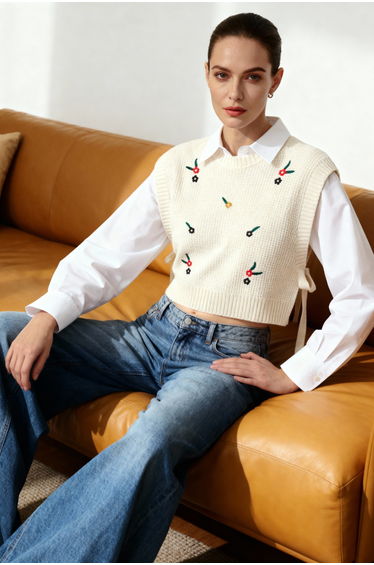 Ecru Embroidered Knit Sweater