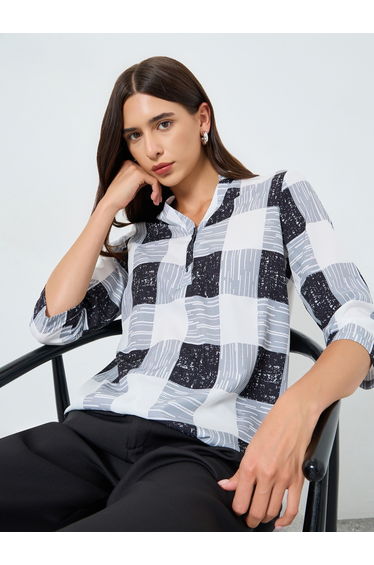 Checked V-Neck Button Front Top
