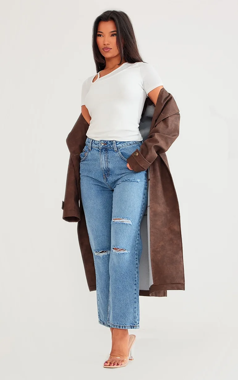 PRETTYLITTLETHING Mid Blue Wash Distressed Straight Leg Jeans