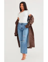 PRETTYLITTLETHING Mid Blue Wash Distressed Straight Leg Jeans