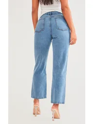 PRETTYLITTLETHING Mid Blue Wash Distressed Straight Leg Jeans - 2