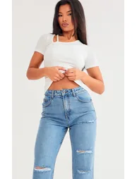 PRETTYLITTLETHING Mid Blue Wash Distressed Straight Leg Jeans - 3