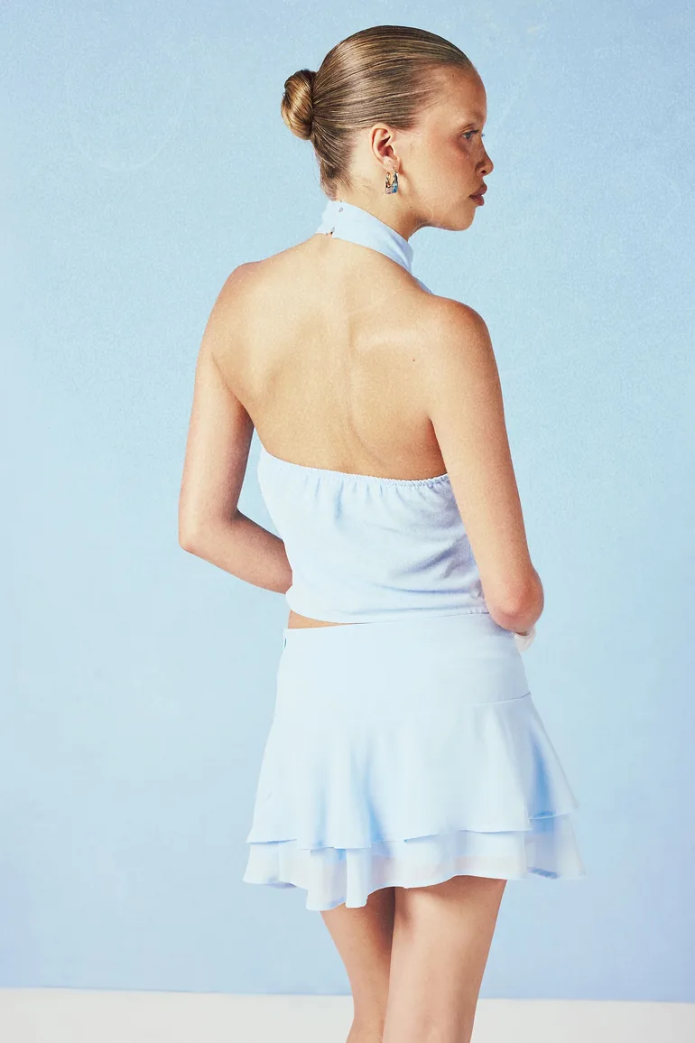 Ruched Waist Band Tiered Mini Skirt - baby blue - 1