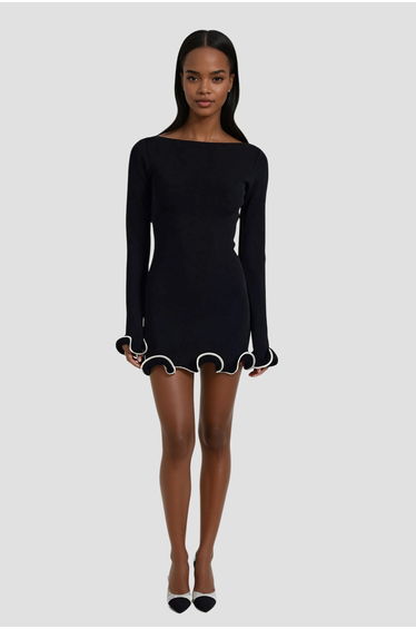 Anand Asymmetric Wavy Long Sleeve Mini Dress In Black