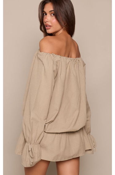 Khaki Linen Look Bardot Frill Hem Shift Dress