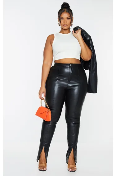 Plus Black Split Hem Faux Leather Skinny Trousers
