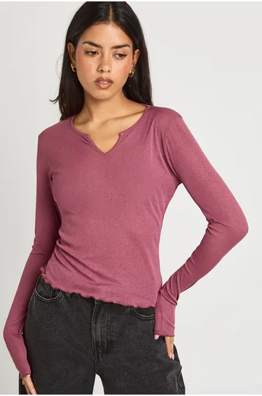 Textured Mesh V Neck Front Long Sleeve Top - berry