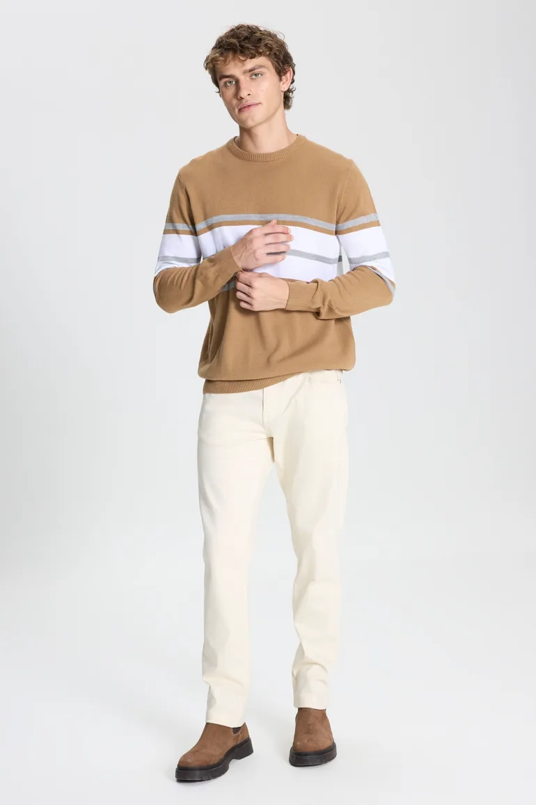 Light Brown-Cream Standard Fit Regular Cut Crew Neck Striped Knitwear Sweater - 1