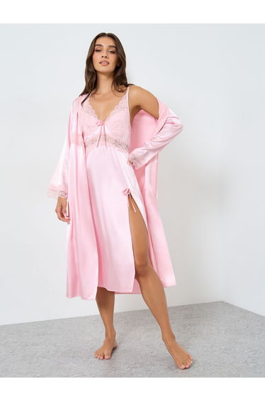 Women Solid Lace Satin Split Hem Nightdress and Robe Set