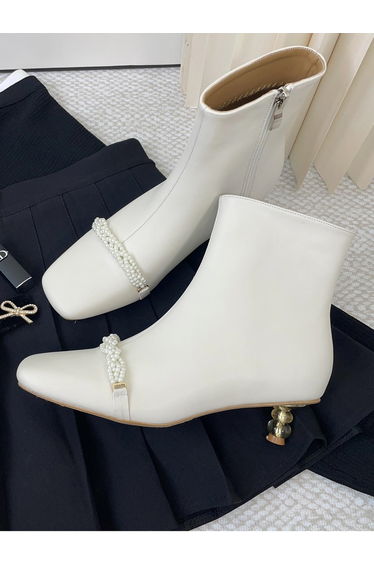 Women White Pearl Detail Ankle Boots