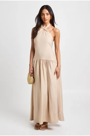 Textured Woven Cross Halter Neck Maxi Dress - stone