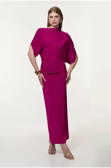 Slinky Viscose Knit Dropped Waist Asymmetric Midaxi Dress