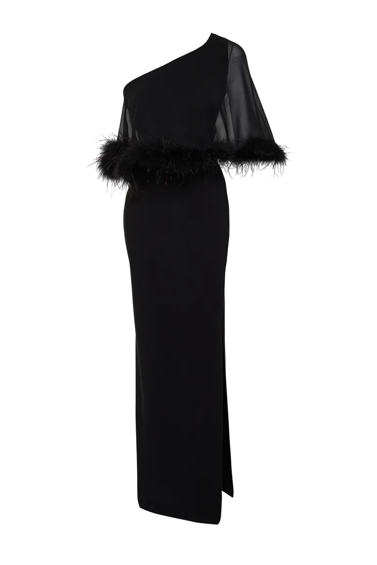 Shop Black Body-Sitting Woven Openwork Long Evening Dress Online in Oman