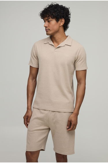 Slim Fit Man Waffle Revere Polo & Short Set - stone
