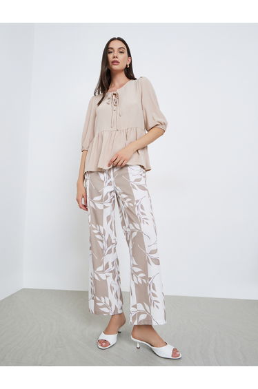 Ruffle Hem Half Sleeve Tops and Leaf Printed Pants Set