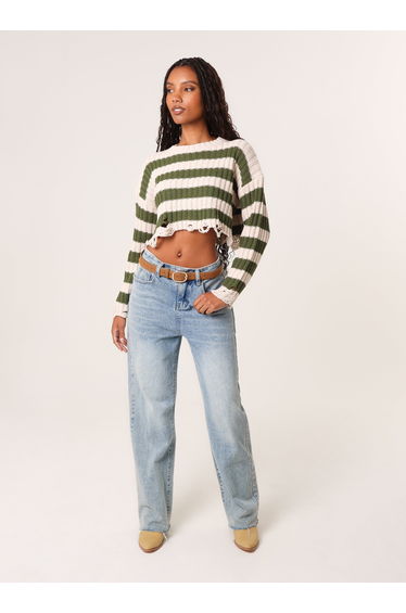 Distressed Striped Crop Knit Jumper