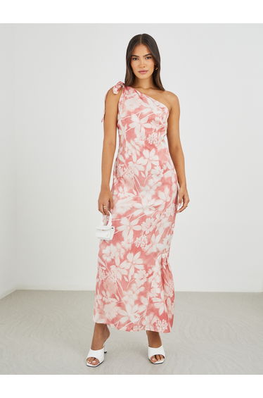 Floral Print One Shoulder A-Line Maxi Dress
