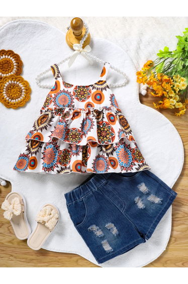 Girls Boho Print Top and Denim Shorts Set