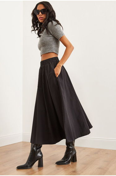 Women's Black Elastic Waist Parachute Bell Skirt