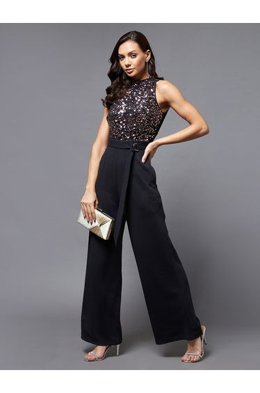 Black Sequined Mesh Insert Jumpsuit