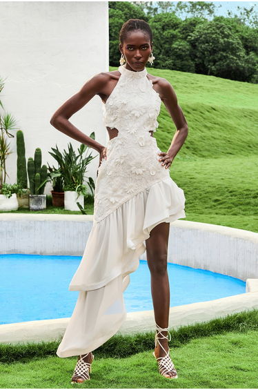 Daphné Ruffle Embroidered Halter Neck Midi Dress in White