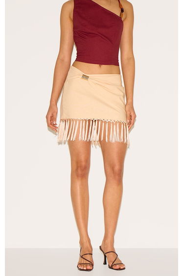 Beige Linen Gold Trim Tassle Hem Mini Skirt