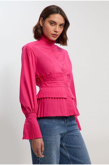 Cotton Poplin Tiered Ruffle Detail Long Sleeve Woven Blouse