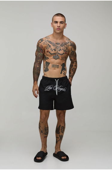 Crotch Embroidered Mid Length Swim Short - black