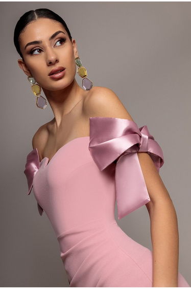 Satin Bow Bardot Sheath Maxi Dress - Blush Pink by Goddiva