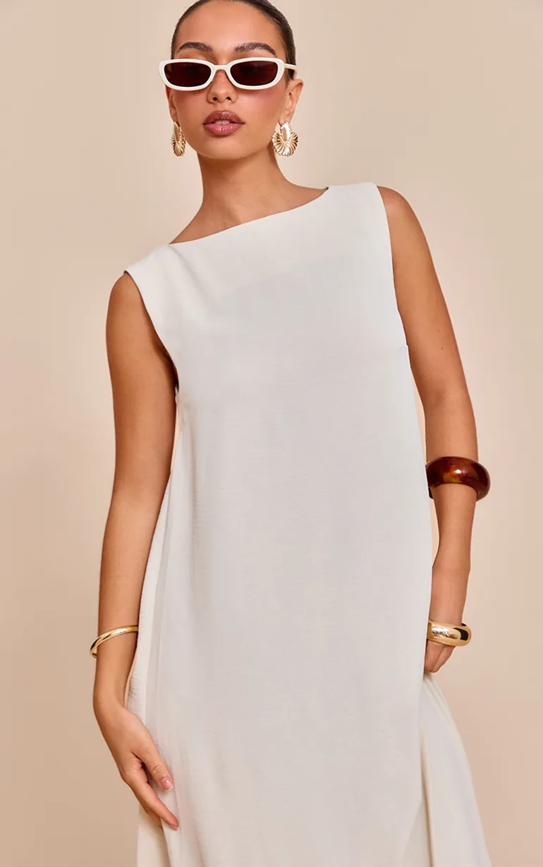 Cream Textured Boat Neck Sleeveless Maxi Dress - 3