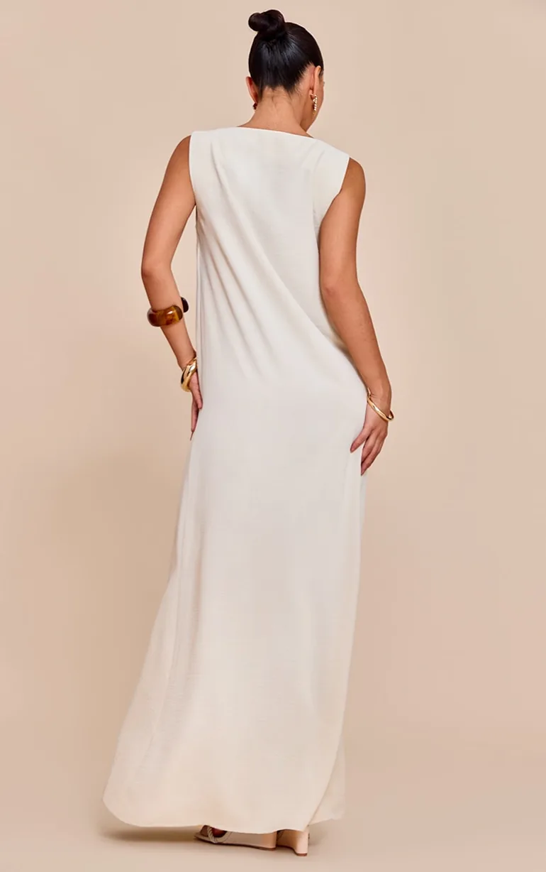 Cream Textured Boat Neck Sleeveless Maxi Dress - 1