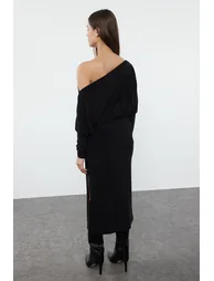 Black Straight Asymmetrical Single Sleeve Fitted Flexible Midi Knitted Dress - 2