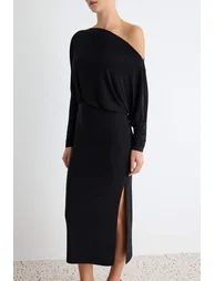 Black Straight Asymmetrical Single Sleeve Fitted Flexible Midi Knitted Dress - 9