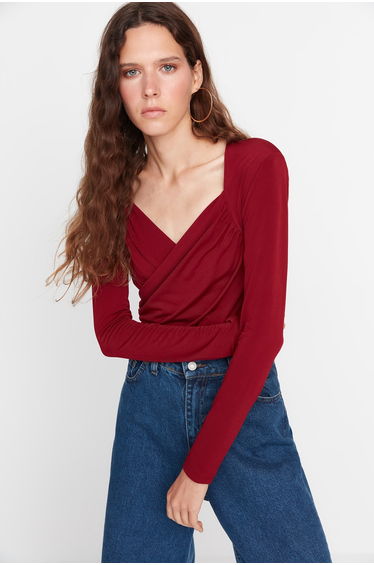 Burgundy Waistband Draped Detailed Fitted/Situated Flexible Snaps Knitted Bodysuit