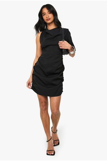 Petite Drape Detail Asymmetric Mini Dress - black