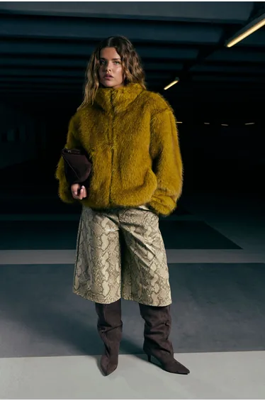 Vintage Look Faux Fur Funnel Neck Jacket - chartreuse