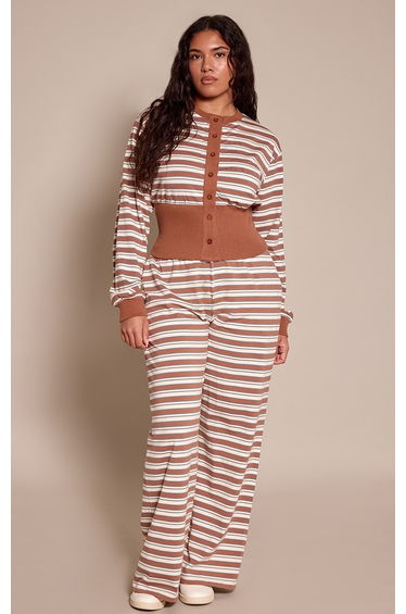 Shape Chocolate Striped Button Through Ribbed Hem Top