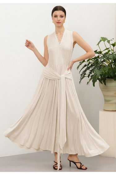 Faux Wrap Draped Sash Sleeveless Maxi Dress in Oatmeal for Wedding Guest Events & Evening Galas
